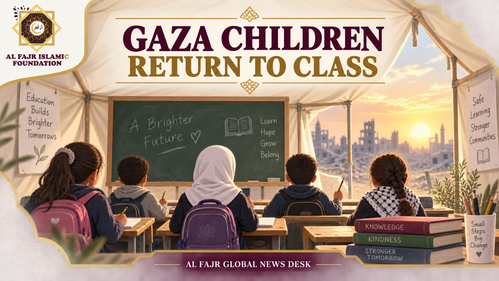 Al Fajr illustration of Palestinian children returning to temporary classrooms in Gaza
